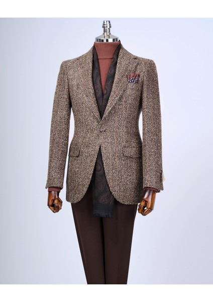 Italyan Stil Slim Fit Mono Yaka Erkek Tek Ceket Kahverengi T13594