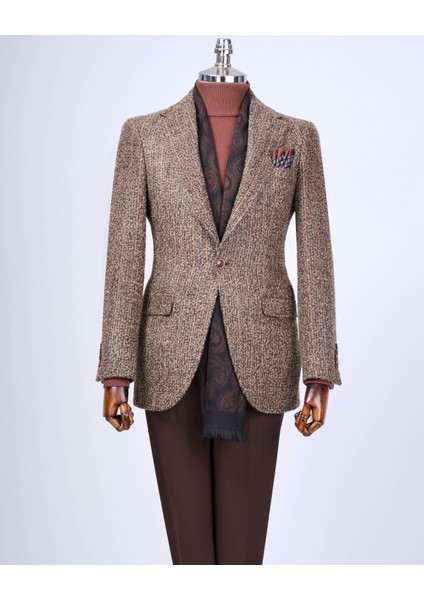 Italyan Stil Slim Fit Mono Yaka Erkek Tek Ceket Kahverengi T13594 modelleri