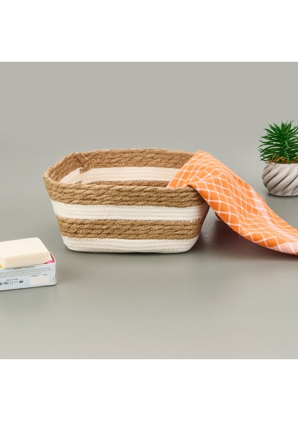 Living Boho Style Kağıt Ip Sepet - Bej / Beyaz - 22X22X12 cm