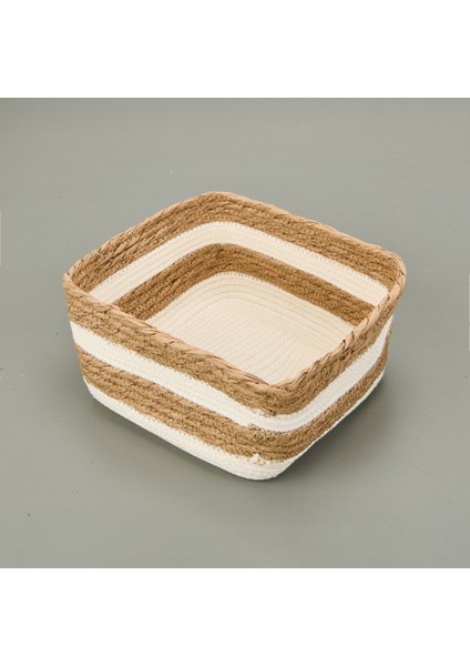 Living Boho Style Kağıt Ip Sepet - Bej / Beyaz - 22X22X12 cm
