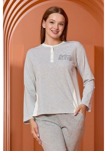 25066 Kadın Yakası Yarım Düğmeli Uzun Kollu Pijama Takımı-Çizgili fiyatları