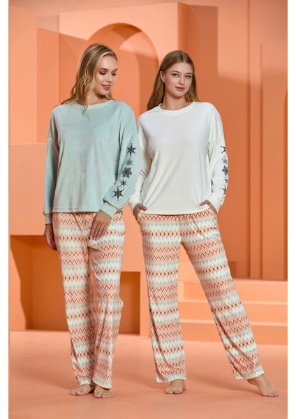 25015 Kadın Bisiklet Yaka Uzun Kollu Pijama Takımı-Krem