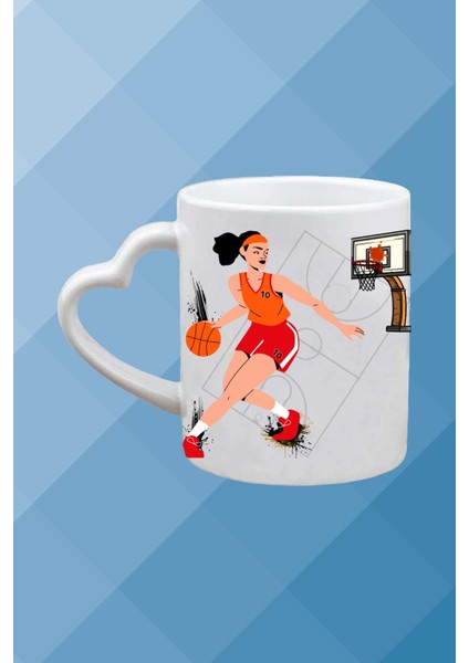 Basketboll Temalı Kadın Oyuncu Baskılı Kalpli Kulp Kupa Bardak Çay Kahve Fincanı