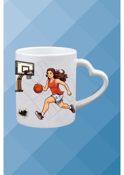 Basketboll Temalı Kadın Oyuncu Baskılı Kalpli Kulp Kupa Bardak Çay Kahve Fincanı