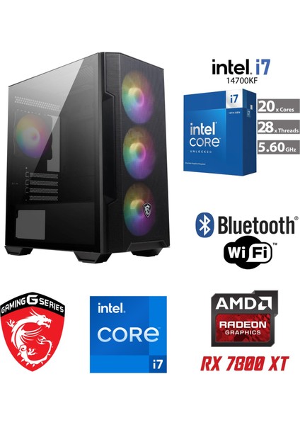 Gaming Pc Ddr5 - Rx 7800XT 16 GB – Intel I7 14700KF – 32GB Ddr5 6000 Mhz Ram – 1tb M.2 SSD – Windows 11 Pro – Sıvı Sogutmalı