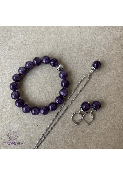Ametist Doğal Taşlı 925 Ayar Gümüş Set (10 mm)