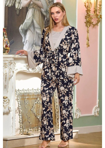 25197 Kadın Sabahlıklı Pijama Takımı-Çiçekli