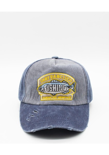 Vintage Eskitme Balık Logolu Denim Şapka | San Francisco Trucker Kep