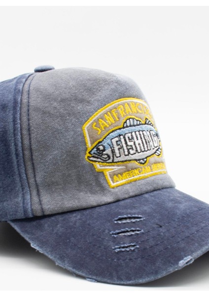 Vintage Eskitme Balık Logolu Denim Şapka | San Francisco Trucker Kep