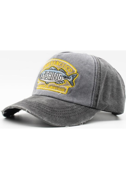 Vintage Eskitme Balık Logolu Denim Şapka | San Francisco Trucker Kep