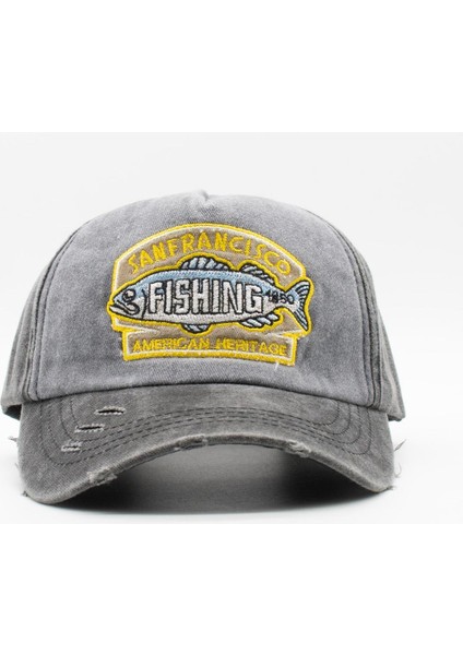 Vintage Eskitme Balık Logolu Denim Şapka | San Francisco Trucker Kep