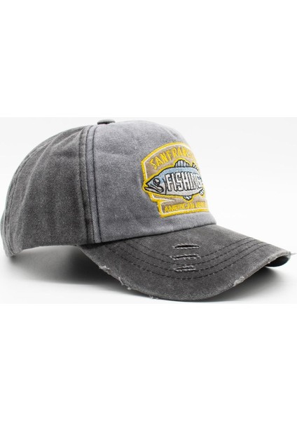 Vintage Eskitme Balık Logolu Denim Şapka | San Francisco Trucker Kep