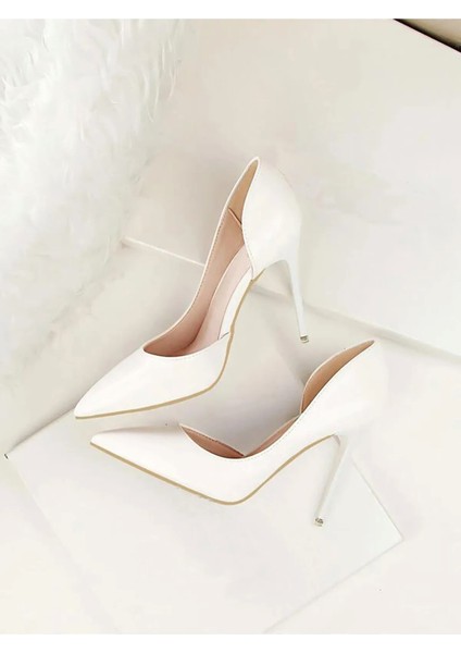 Kadın Beyaz Cilt 8cm Ince Şeffaf Kapak Topuklu Stiletto Ayakkabı