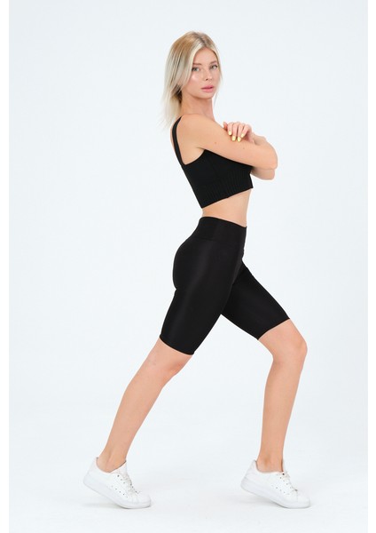 Yüksek Bel Toparlayıcı Konforlu Parlak Bisikletçi Tayt