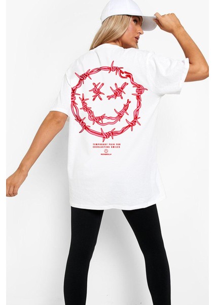 Dikenli Yüz Beyaz Kısa Kollu Arka Baskılı Oversize Kadın T-Shirt