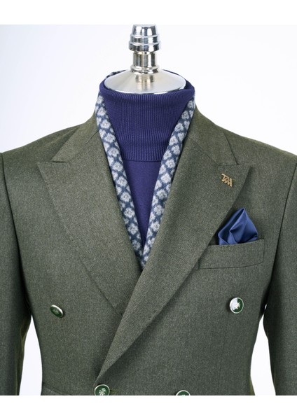 Italyan Stil Slim Fit Kruvaze Sivri Yaka Erkek Ceket Haki T13292