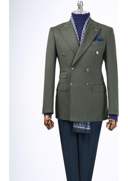 Italyan Stil Slim Fit Kruvaze Sivri Yaka Erkek Ceket Haki T13292