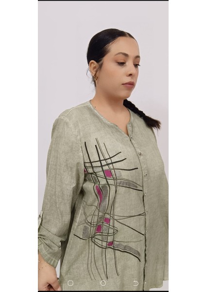Kadın Büyük Beden Pamuk Keten Sim Baskı Katlamalı Kol Tunik
