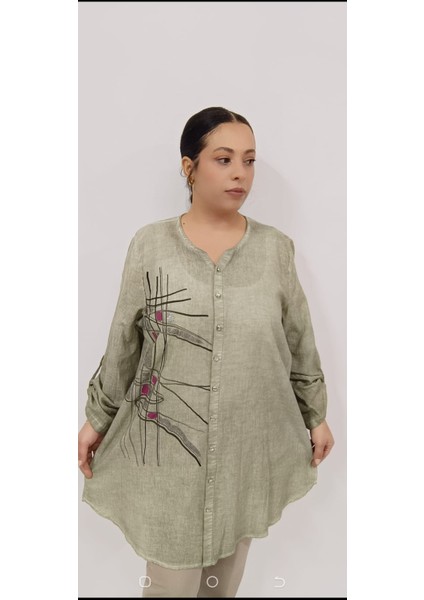 Kadın Büyük Beden Pamuk Keten Sim Baskı Katlamalı Kol Tunik fırsatları
