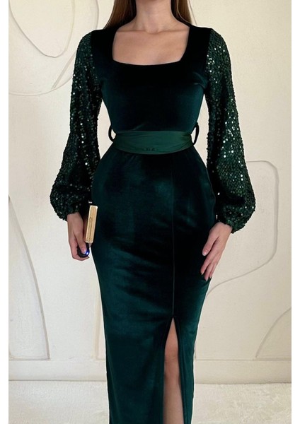 Kadın Yeşil Kadife Uzun Kol Payetli Yırtmaçlı Abiye Midi Elbise 10D-7213