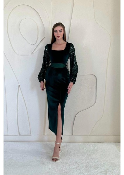Kadın Yeşil Kadife Uzun Kol Payetli Yırtmaçlı Abiye Midi Elbise 10D-7213 fiyatları