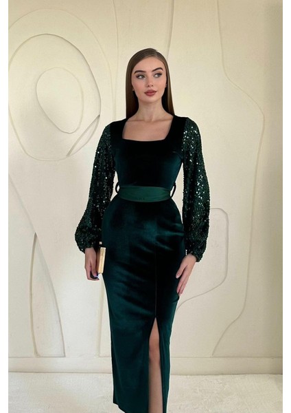 Kadın Yeşil Kadife Uzun Kol Payetli Yırtmaçlı Abiye Midi Elbise 10D-7213 modelleri