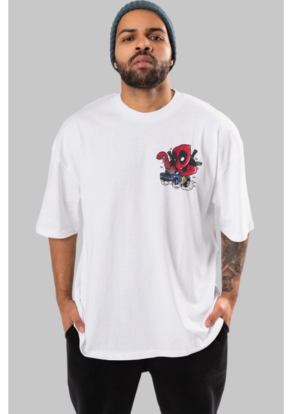 Deadpool (21) Ön Sol Baskılı Oversize T-Shirt Erkek Kadın Unisex Pamuk Bisiklet Yaka Tişort