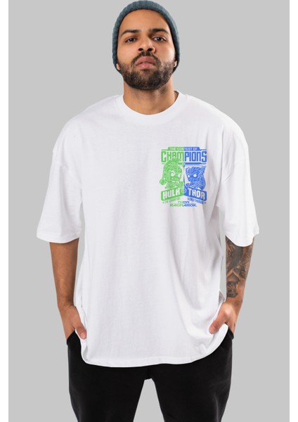 Hulk (13) Ön Sol Baskılı Oversize T-Shirt Erkek Kadın Unisex %100 Pamuk Bisiklet Yaka Tişort