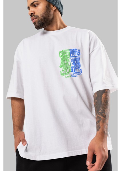 Hulk (13) Ön Sol Baskılı Oversize T-Shirt Erkek Kadın Unisex %100 Pamuk Bisiklet Yaka Tişort