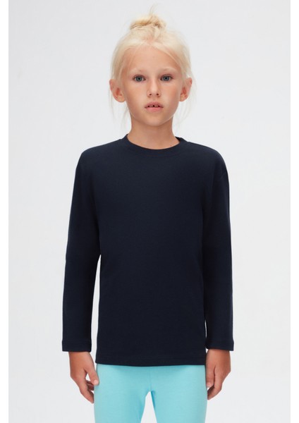 Koyu Lacivert Basic Unisex Çocuk Kışlık Sıfır Yaka Uzun Kollu Tişört fiyatları
