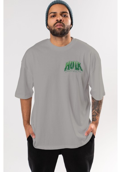 Hulk (14) Ön Sol Baskılı Oversize T-Shirt Erkek Kadın Unisex Pamuk Bisiklet Yaka Tişort
