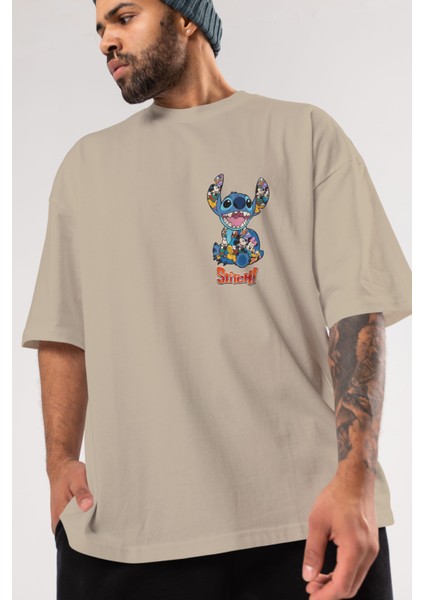 Stitch Ön Sol Baskılı Oversize T-Shirt Erkek Kadın Unisex Pamuk Bisiklet Yaka Tişort modelleri