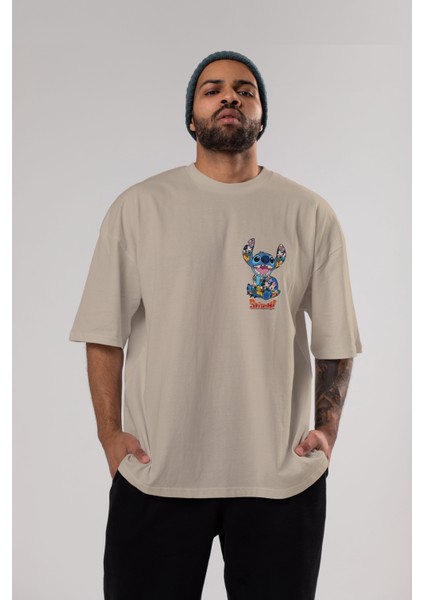 Stitch Ön Sol Baskılı Oversize T-Shirt Erkek Kadın Unisex Pamuk Bisiklet Yaka Tişort fırsatları