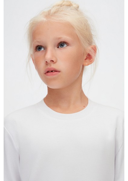 Beyaz Basic Unisex Çocuk Kışlık Sıfır Yaka Uzun Kollu Tişört modelleri