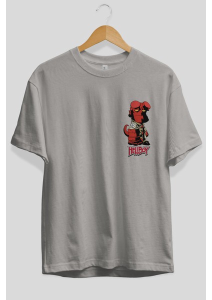 Hellboy (1) Ön Sol Baskılı Oversize T-Shirt Erkek Kadın Unisex Pamuk Bisiklet Yaka Tişort