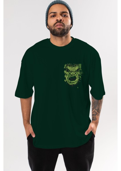 Hulk (4) Ön Sol Baskılı Oversize T-Shirt Erkek Kadın Unisex Pamuk Bisiklet Yaka Tişort