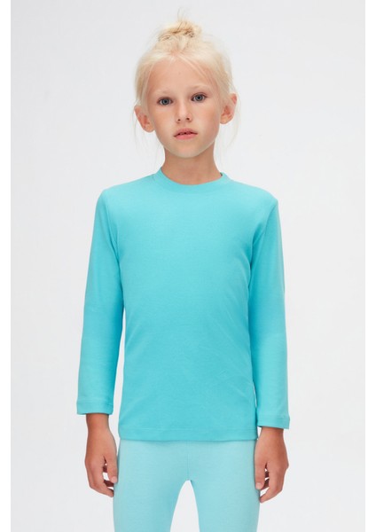 Açık Turkuaz Basic Unisex Çocuk Kışlık Sıfır Yaka Uzun Kollu Tişört