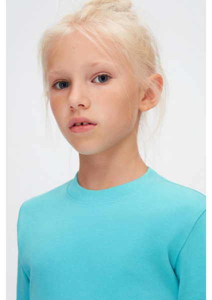 Açık Turkuaz Basic Unisex Çocuk Kışlık Sıfır Yaka Uzun Kollu Tişört