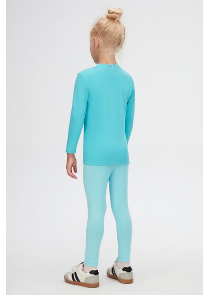 Açık Turkuaz Basic Unisex Çocuk Kışlık Sıfır Yaka Uzun Kollu Tişört