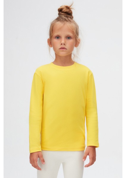 Sarı Basic Unisex Çocuk Kışlık Sıfır Yaka Uzun Kollu Tişört fiyatları
