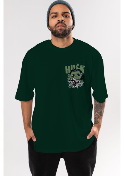 Hulk (8) Ön Sol Baskılı Oversize T-Shirt Erkek Kadın Unisex Pamuk Bisiklet Yaka Tişort