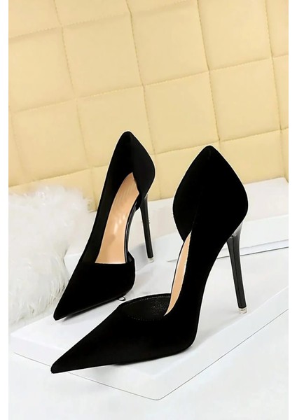 Kadın Siyah Süet 8cm Ince Şeffaf Kapak Topuklu Stiletto Ayakkabı