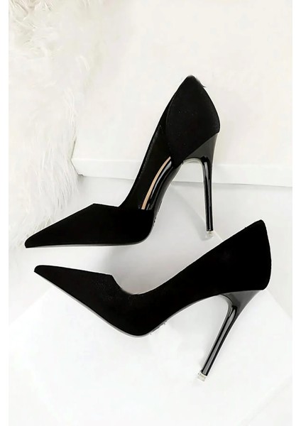 Kadın Siyah Süet 8cm Ince Şeffaf Kapak Topuklu Stiletto Ayakkabı