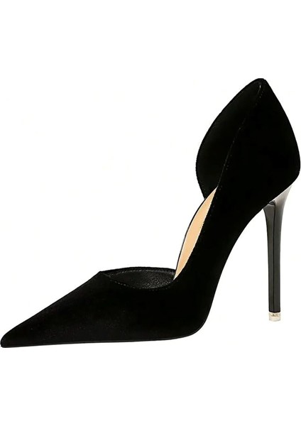 Kadın Siyah Süet 8cm Ince Şeffaf Kapak Topuklu Stiletto Ayakkabı