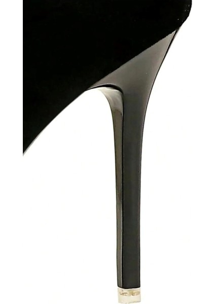 Kadın Siyah Süet 8cm Ince Şeffaf Kapak Topuklu Stiletto Ayakkabı