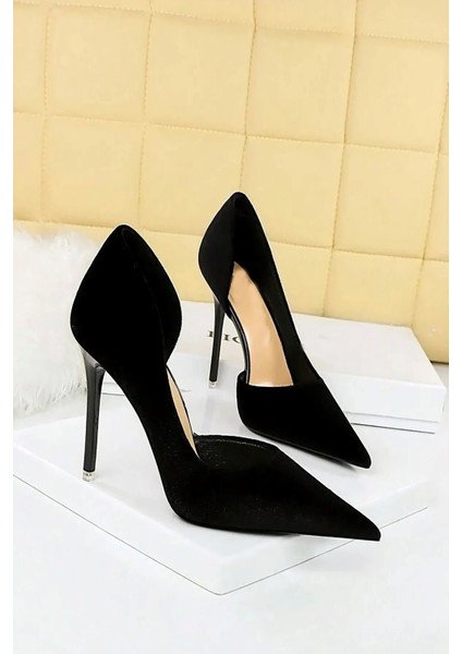 Kadın Siyah Süet 8cm Ince Şeffaf Kapak Topuklu Stiletto Ayakkabı