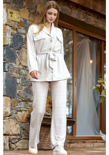 24025 Kadın Önden Düğmeli Kemerli Rahat Ev Giyim-Karmelanj