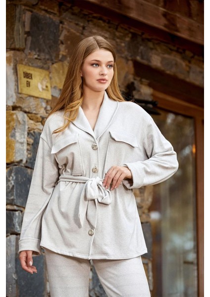 24025 Kadın Önden Düğmeli Kemerli Rahat Ev Giyim-Karmelanj fiyatları