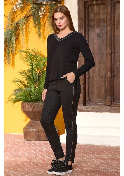25338 Kadın Uzun Kol Taş Baskılı V Yaka Spor 2'li Rahat Ev Giyim-Siyah