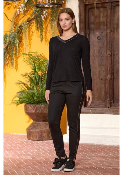 25338 Kadın Uzun Kol Taş Baskılı V Yaka Spor 2'li Rahat Ev Giyim-Siyah fiyatları